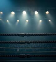 atmosphere in the arena is electric as bright lights shine down on a boxing ring featuring four ropes stretched taut awaiting an exciting event. photo