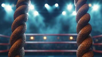 boxing ring showcases four ropes neatly stretched parallel each other backlit by dramatic lights in refined arena setting signaling an exciting match on the horizon. photo