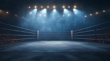 boxing ring is set with its ropes tightly stretched illuminated by bright lights creating an intense atmosphere in front of an eager audience. photo