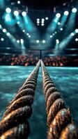 Boxing ring ropes are seen stretched tightly in a well lit arena setting the stage for an exciting match while fans eagerly await the action. photo