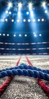 engaging boxing ring featuring three colored ropes is illuminated by bright overhead lights creating an electric atmosphere for a combat sports event. photo