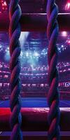 boxing ring is brightly lit surrounded by cheering fans with three thick ropes framing the view. The atmosphere is electric as the event unfolds in the arena. photo