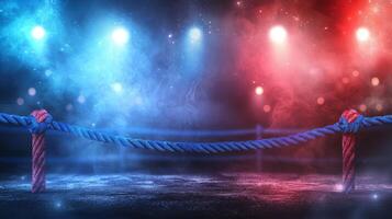 atmosphere is electric as three vibrant ring ropes anchor the illuminated boxing ring surrounded by colorful lighting effects. Excitement fills the air during a thrilling contest. photo