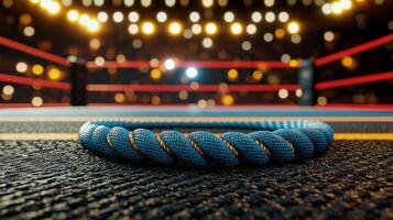 blue wrestling ring sits at the forefront lit by bright lights. The ropes are vibrant red creating an energetic atmosphere in the arena filled with anticipation. photo