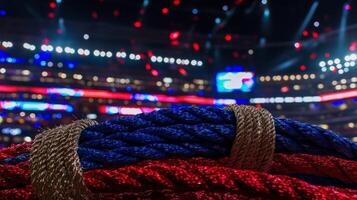 Vibrant blue red and gold ropes are positioned in a ring glimmering under the arena lights ready for the upcoming action packed event. photo