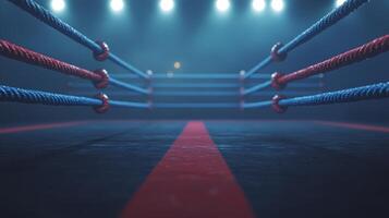 boxing ring features three parallel ropes in red and blue set in a darkened arena. Bright lights overhead create an anticipation for the upcoming match. photo