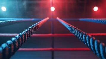 boxing ring showcases three parallel ropes vividly lit in red and blue creating an electrifying atmosphere for an exciting match or event. photo