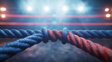 image captures the intricately twisted ropes boxing ring highlighting two blue ropes alongside a red one illuminated by surrounding bright lights creating an intense atmosphere. photo