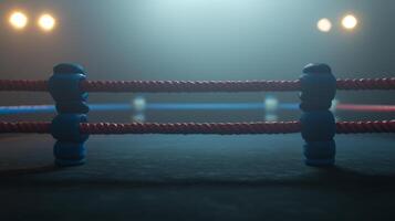 boxing ring is surrounded by ambient lighting showcasing three ropes with two in blue creating a tense atmosphere for an upcoming match. photo