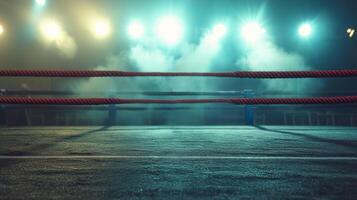 boxing ring is showcased with three parallel ropes bathed in striking light. Fog fills the space enhancing the intensity of the setting ready for a match. photo