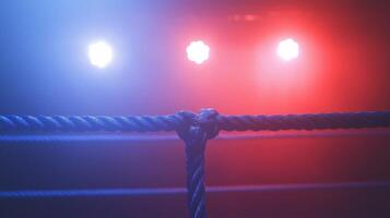 boxing ring features three ropes with two blue ones surrounded by vibrant lighting that creates an electrifying atmosphere for an anticipated fight. photo