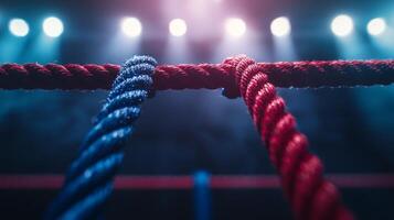 boxing rings three ropes feature two blue ones and one red shining under intense lights creating an exciting atmosphere for the match. Anticipation fills the air. photo