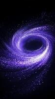 Swirling purple particles create an entrancing vortex, emanating cosmic energy that brightens the center against a dark backdrop, inviting exploration of its depths. photo
