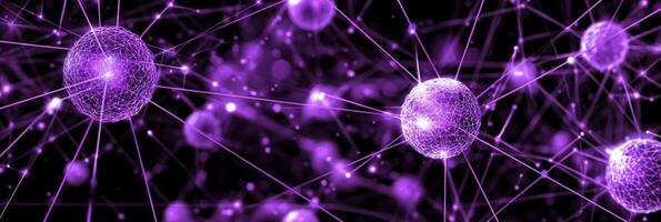 A stunning arrangement of purple particles interlinked by radiant lines forms a captivating geometric pattern, evoking a sense of cosmic wonder on a deep black background. photo
