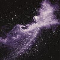 Swirling particles of purple light create an ethereal nebula, glowing softly in the vast darkness of space, evoking a sense of cosmic wonder and dreamlike fluidity. photo