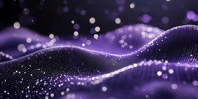 A soft glow emanates from clusters of purple particles, forming a dynamic wave that undulates gracefully against a black background, captivating the viewer in its ethereal beauty. photo