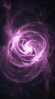Dynamic purple particles intertwine in a vortex shape, glowing more intensely at the center, evoking a sense of cosmic movement and mystical energy swirling through the darkness. photo