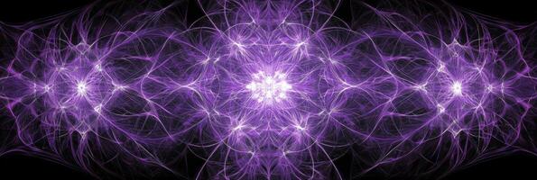 A stunning arrangement of purple particles forms a captivating geometric pattern, all interconnected by luminous lines, set against a stark black background reminiscent of cosmic wonders. photo