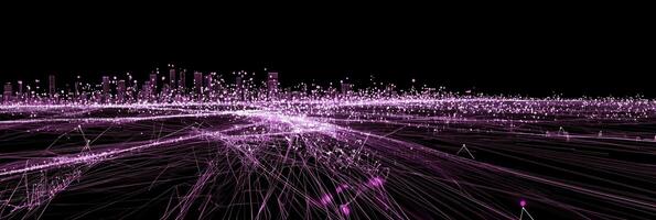 A captivating arrangement of purple particles interconnects through glowing lines, creating an ethereal cosmic pattern against a deep black background, inviting exploration and imagination. photo