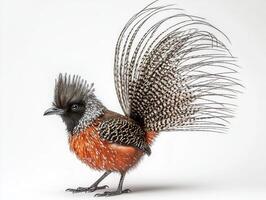 vibrant lyrebird stands proudly, showcasing its elaborate tail feathers that fan out dramatically, emphasizing its beauty and uniqueness. photo