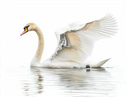 stunning mute swan elegantly floats on still water, its wings gently raised, creating a peaceful and isolated atmosphere highlighted by a white backdrop. photo
