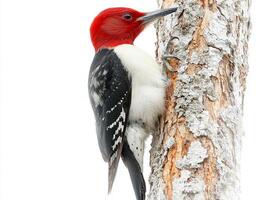 Perched on a rugged tree trunk, a red-headed woodpecker displays its vivid crimson head and striking black and white feathers, contrasting beautifully against a bright backdrop. photo