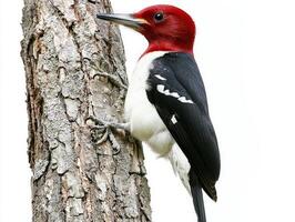 striking red-headed woodpecker climbs a textured tree trunk, showcasing its bright red crown, black wings, and white underparts in sharp contrast against a clean white backdrop. photo