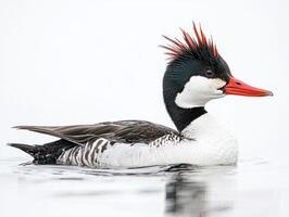 red-breasted merganser swims elegantly, its spiky crest raised and bright red beak highlighted against a soft white backdrop, capturing attention with its vivid colors and beauty. photo