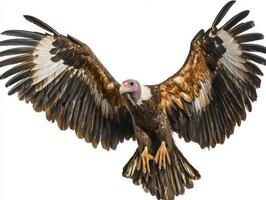 magnificent vulture glides effortlessly through the air, its broad wings fully extended, displaying an impressive wingspan against a clean white background. photo