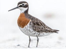 striking Wilson's phalarope is captured standing in shallow water, highlighting its long neck and delicate beak amidst a tranquil white backdrop. photo