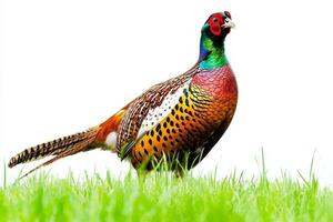 With a parade of colorful feathers, a pheasant confidently walks through vibrant green grass, its beauty illuminated by bright sunlight, creating a striking visual display. photo