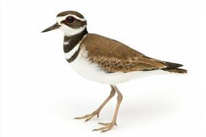 killdeer moves delicately along the shoreline, its striking brown-and-white plumage contrasting against the white background, highlighting its elegant posture and long legs. photo