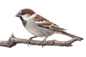 house sparrow rests on a slender branch, displaying its beautifully detailed brown and gray feathers. This charming bird captures attention against the stark white background. photo