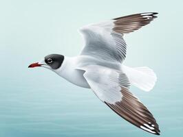 stunning black-headed gull glides elegantly with its wings fully extended, displaying a striking contrast of dark head and white body against a bright background. photo