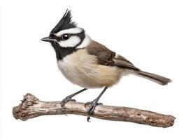 small crested tit stands confidently on a branch, its characteristic raised crest and striking patterns visible. The bird's vibrant plumage contrasts beautifully against the white background. photo