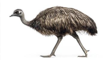 large emu confidently walks on a flat surface, its long legs supporting its stout body as it moves freely in a clean, white environment. photo