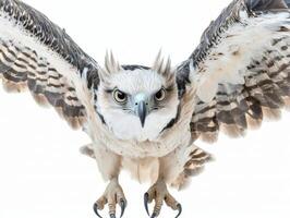 magnificent harpy eagle takes flight, wings fully extended, showcasing its impressive wingspan. The pure white background highlights its striking features. photo