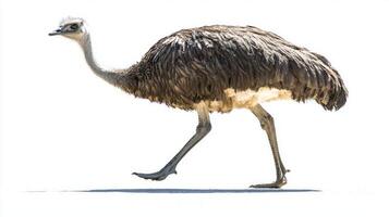 emu strides confidently with its long legs and large body, creating a striking silhouette against a bright white background, showcasing its unique features and movement. photo