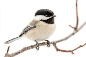 delicate black-capped chickadee sits quietly on a slender branch, its soft plumage beautifully contrasting the bright white backdrop, embodying tranquility and grace. photo