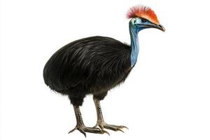 striking cassowary is captured confidently upright, showcasing its vibrant features and powerful legs, emblematic of its unique bird breed characteristics. photo