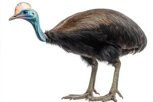 tall cassowary, notable for its unique helmet and robust legs, commands attention as it stands isolated against a white background, highlighting its elegant yet formidable presence. photo
