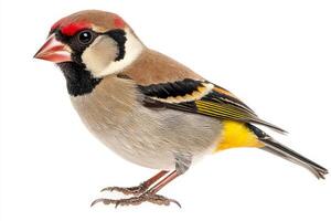 European goldfinch stands proudly with its bright red face and distinct wing patterns, highlighting the beauty of avian elegance in a stark white environment. photo