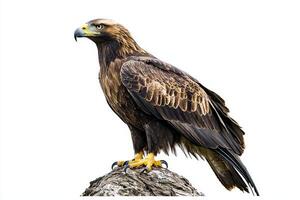 golden eagle stands proudly on a rugged rock, its sharp beak and powerful talons clearly visible. The pristine white background highlights its majestic presence. photo