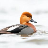 Eurasian wigeon swims serenely in calm waters, showcasing its rich brown head and distinctive white wing patches, perfectly isolated against a soft backdrop. photo