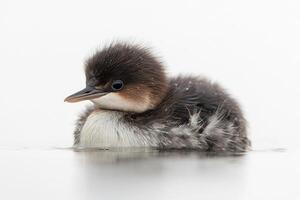 little grebe glides effortlessly through calm waters, its small, rounded body and delicate brown feathers perfectly highlighted against the tranquil white background, creating a peaceful moment. photo