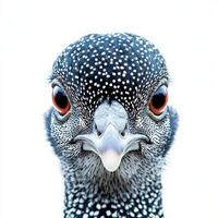 captivating close-up showcases a guineafowl with its distinctive spotted feathers and small head, set against a stark white background, highlighting its unique beauty and character. photo