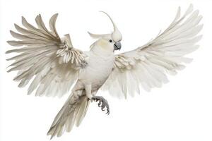 striking cockatoo showcases its vibrant white feathers and magnificent crest while spreading its wings wide, embodying the elegance of avian beauty. photo