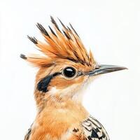 beautiful hoopoe proudly displays its distinctive sharp beak and colorful raised crest, highlighting its elegance in a serene, isolated environment. photo