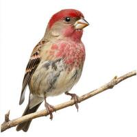 house finch sits gracefully on a slender twig, flaunting its vivid red head and patterned brown body, isolated beautifully from the white background. photo