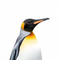striking king penguin stands tall, its bright yellow neck feathers vividly contrasting with the pure white backdrop, embodying grace and elegance in nature's beauty. photo